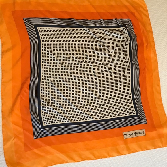 YSL Yves Saint Laurent Scarf, Silk 100%, Orange Geometrical pattern 30x30 - Picture 1 of 5
